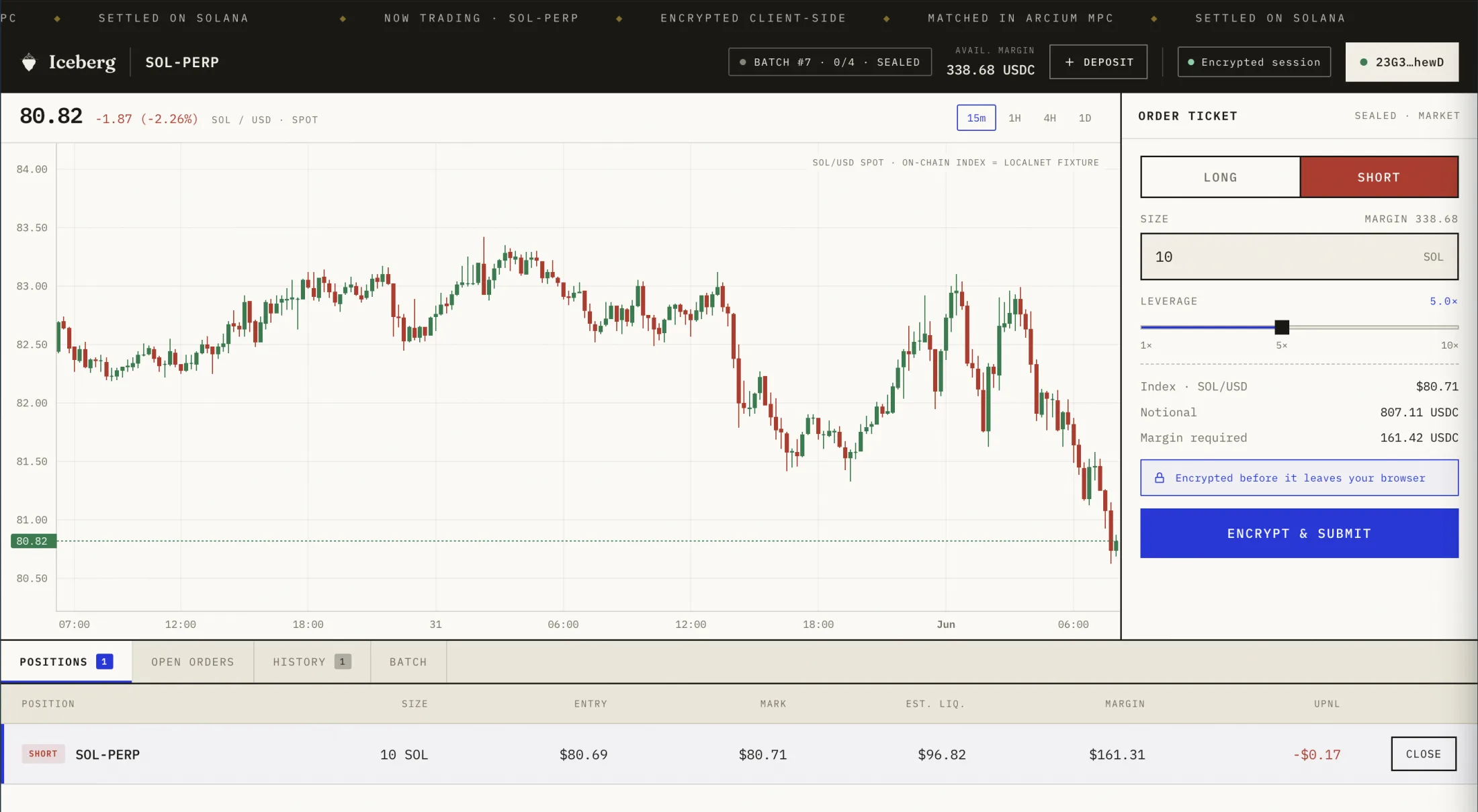 The Iceberg terminal: encrypted order ticket, live SOL-PERP candlestick chart, and a short position filled through an Arcium MPC batch and settled on Solana